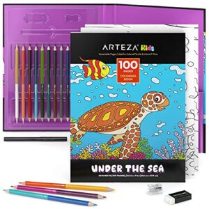 arteza kids coloring book and pencils kit, 8.5x11 inches, sea creature illustrations, 50 double-sided coloring sheets, 100-lb paper, 12 double-ended colored pencils in 24 colors, art supplies for kids