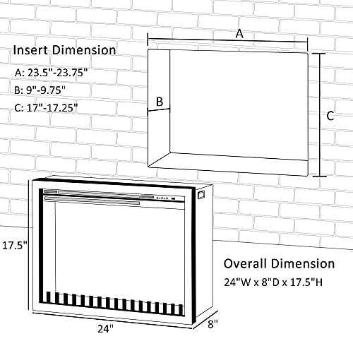 HOMCOM 24" Electric Fireplace Insert, Retro Recessed Fireplace Heater with Realistic Flame, Remote Control and Adjustable Brightness, 750/1500W, Black