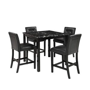 5 piece dining table set with veneer marble top for small space, counter height square kitchen table set pub table set with 4 leather chairs dinette table with chairs