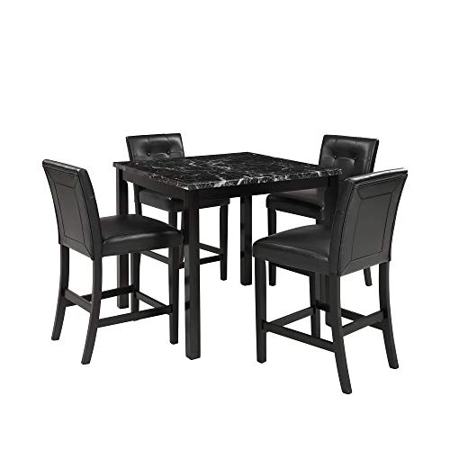 5 Piece Dining Table Set with Veneer Marble Top for Small Space, Counter Height Square Kitchen Table Set Pub Table Set with 4 Leather Chairs Dinette Table with Chairs