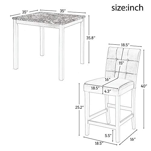 5 Piece Dining Table Set with Veneer Marble Top for Small Space, Counter Height Square Kitchen Table Set Pub Table Set with 4 Leather Chairs Dinette Table with Chairs