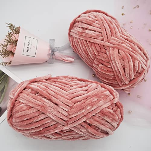 2 Roll Yarn for Knitting Crochet, Velvet Yarn Knitting Yarn Fabric Cloth for DIY Craft Handmade Velvet Coarse Wool Scarf Thread New Year Christmas Gift - Bean Pink, 175 Yards