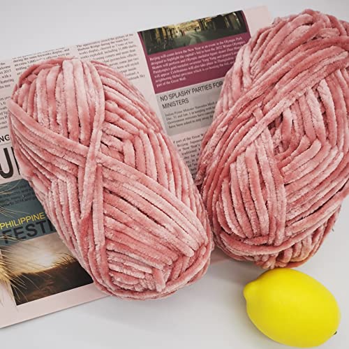 2 Roll Yarn for Knitting Crochet, Velvet Yarn Knitting Yarn Fabric Cloth for DIY Craft Handmade Velvet Coarse Wool Scarf Thread New Year Christmas Gift - Bean Pink, 175 Yards