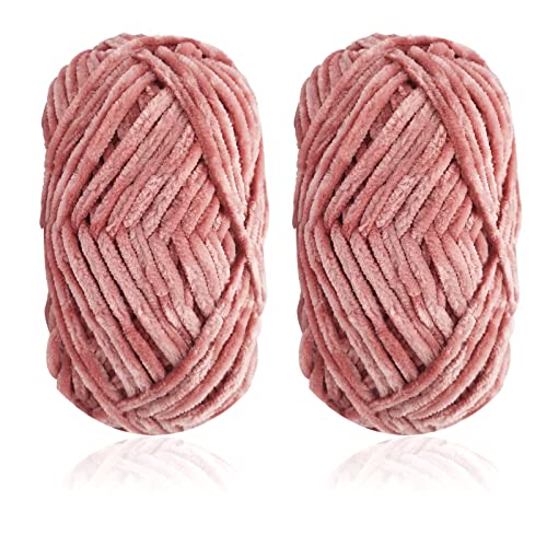 2 Roll Yarn for Knitting Crochet, Velvet Yarn Knitting Yarn Fabric Cloth for DIY Craft Handmade Velvet Coarse Wool Scarf Thread New Year Christmas Gift - Bean Pink, 175 Yards