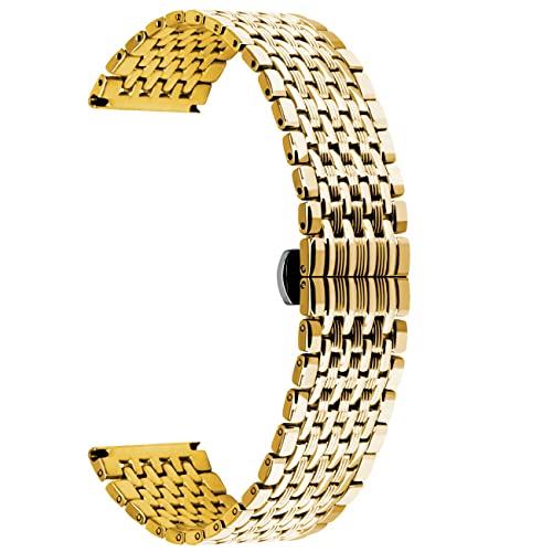 SINAIKE Multi Stripes 18mm Gold Two Tone Watch Strap Tapered Engravings Stainless Steel Metal Watch Band for Men Women