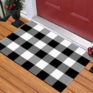 hoyija buffalo plaid rug 2＇×3＇outdoor/indoor black and white checkered samll area rug,retro cotton woven check washble entryway front porch decor rugs for layered welcome front door mats