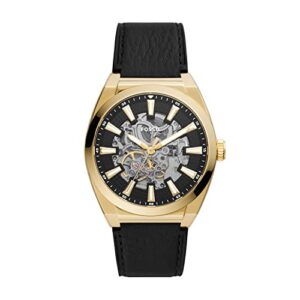 fossil men's everett automatic stainless steel and eco leather three-hand watch, color: gold, black (model: me3208)