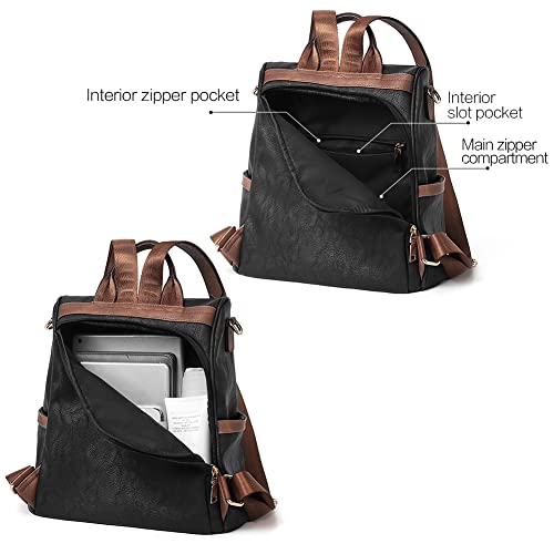 CLUCI Women Backpack Purse Fashion Leather Large Designer Travel Bag Ladies Shoulder Bags Black with Brown