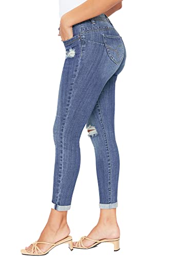 YMI Junior Women’s Wannabettabutt 2 Button Mid Rise Distressed Cuffed Denim Jeans(Medium wash Denim,11)