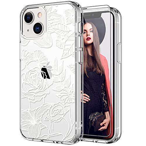 ICEDIO for iPhone 13 Case with Screen Protector,Slim Fit Crystal Clear Cover with Fashionable Designs for Girls Women,Protective Phone Case 6.1" Elegant White Blooming Floral