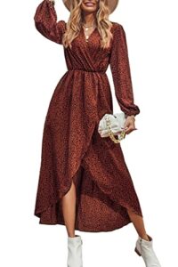 prettygarden women’s long sleeve bohemian dress v-neck floral print high split tie wrap midi flowy dress (brown, large)