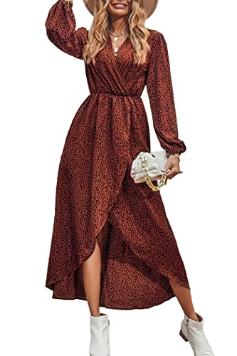 PRETTYGARDEN Women’s Long Sleeve Bohemian Dress V-Neck Floral Print High Split Tie Wrap Midi Flowy Dress (Brown, Large)