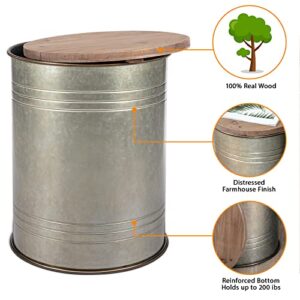 BRIAN & DANY 2 Pack Farmhouse Accent Side Table, Rustic Storage Ottoman Seat Stool with Round Wood Lid, Galvanized Metal Storage Bin for Living Room Furniture, Distressed Grey