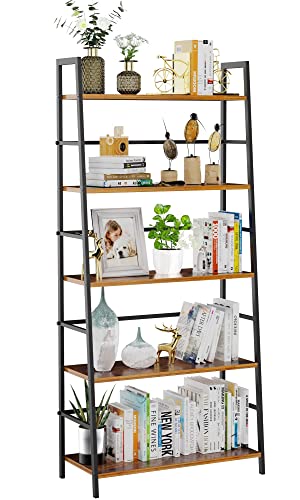 SpringSun 5 Tier Bookshelf Industrial Ladder Shelf Open Display Storage Rack Wood Bookcase with Metal Frame, Freestanding Storage Shelves for Home Office, Living Room, Bedroom, Kitchen