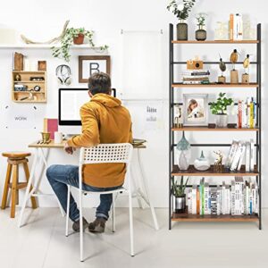 SpringSun 5 Tier Bookshelf Industrial Ladder Shelf Open Display Storage Rack Wood Bookcase with Metal Frame, Freestanding Storage Shelves for Home Office, Living Room, Bedroom, Kitchen