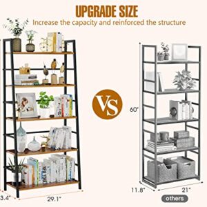 SpringSun 5 Tier Bookshelf Industrial Ladder Shelf Open Display Storage Rack Wood Bookcase with Metal Frame, Freestanding Storage Shelves for Home Office, Living Room, Bedroom, Kitchen