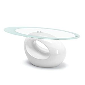 modern white glass coffee table for living room, with glass top & glossy solid base for storage, sofa side central table, oval glass table set for living room, sitting room