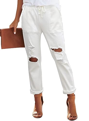 Metietila Women’s Casual Pull-on Distressed Stretch Jean Elastic Waist White Jeans Denim Joggers Pants for Women Medium