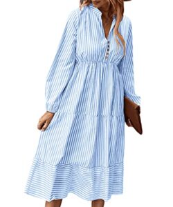 yoxua women's striped shirt dresses stand v neck midi dress pleated ruffle casual long sleeve dress