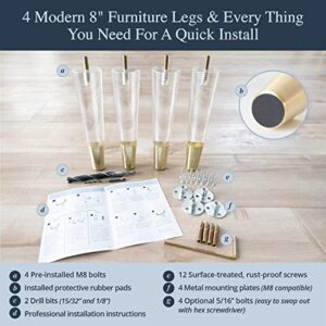 Acrylic Furniture Legs With Gold Caps - Mid Century Legs For Couch, Sofa, Chair, Table, Dresser, Bed, Cabinet - Furniture Feet Are Easy To Install & Include Installation Hardware - Set of 4, 8 Inches