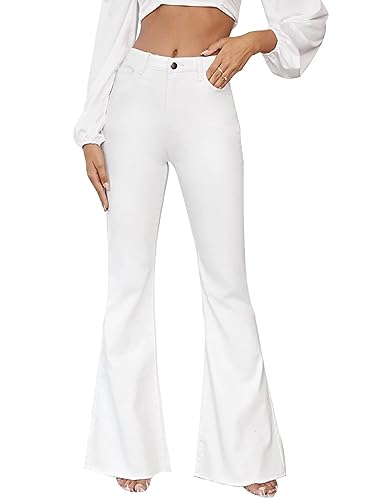 Floerns Women's High Waisted Flare Jeans Frayed Raw Hem Bell Bottom Denim Pants White M