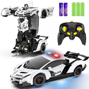 fdj remote control car - transform car robot, one button deformation to robot with flashing lights, 2.4ghz 1:18 scale transforming police car toy with 360 degree rotating drifting for boys and girls