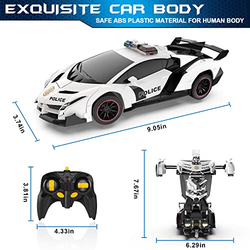 FDJ Remote Control Car - Transform Car Robot, One Button Deformation to Robot with Flashing Lights, 2.4Ghz 1:18 Scale Transforming Police Car Toy with 360 Degree Rotating Drifting for Boys and Girls