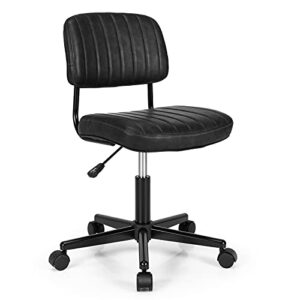giantex leather office chair, armless low-back computer desk chair, retro swivel rolling task chair height adjustable pu leisure office chair for kids teens adults (black)