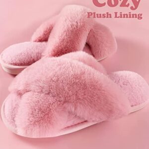 Women Pink Fuzzy Fluffy Slippers-Ankis Soft Cozy Plush Fuzzy Slippers Faux Rabbit Fur Memory Foam Furry Open Toe Breathable Fuzzy Slippers Bedroom Warm Comfy Cross Band Slippers for Women House Indoor