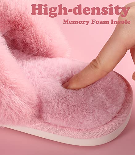 Women Pink Fuzzy Fluffy Slippers-Ankis Soft Cozy Plush Fuzzy Slippers Faux Rabbit Fur Memory Foam Furry Open Toe Breathable Fuzzy Slippers Bedroom Warm Comfy Cross Band Slippers for Women House Indoor