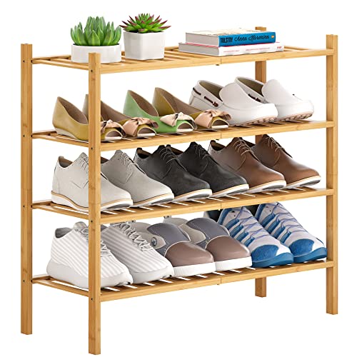 FILWH Bamboo Shoe Rack Stackable Shoe Shelf Storage Organizer for Unit Entryway Hallway and Closet Sturdy Freestanding Shoe shelf Natural (4 Tier)