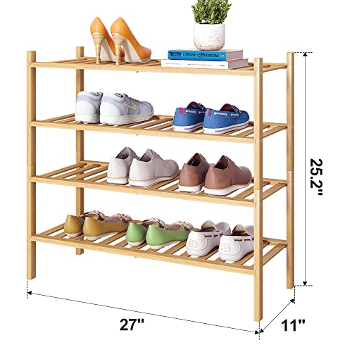 FILWH Bamboo Shoe Rack Stackable Shoe Shelf Storage Organizer for Unit Entryway Hallway and Closet Sturdy Freestanding Shoe shelf Natural (4 Tier)