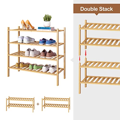 FILWH Bamboo Shoe Rack Stackable Shoe Shelf Storage Organizer for Unit Entryway Hallway and Closet Sturdy Freestanding Shoe shelf Natural (4 Tier)