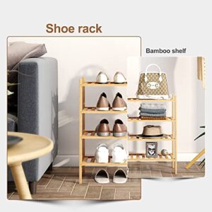 FILWH Bamboo Shoe Rack Stackable Shoe Shelf Storage Organizer for Unit Entryway Hallway and Closet Sturdy Freestanding Shoe shelf Natural (4 Tier)