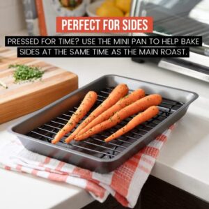 Chef Pomodoro Nonstick Carbon Steel Small Roasting Pan Roaster with Flat Rack, Grey, Bakeware Toaster Oven Countertop Oven Baking, Single Serving (Mini)