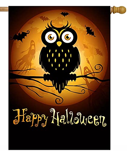 Pickako Halloween Scary Owl Bats Ghost Moon Hallowmas Autumn Holiday House Flag 28 x 40 Inch, Double Sided Large Garden Yard Welcome Flags Banners for Home Lawn Patio Outdoor Decor