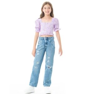 nauty blue girls jeans high rise ripped boyfriend jean marlin blue - teen jeans for casual occasions for girls 12-14 years (medium)