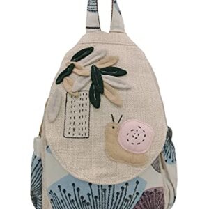 HUANGGUOSHU Women Cotton Woven Hippie Hemp Boho Canvas Embroidery Multi Pocket Retro Cute Backpack Wallet Backpack（Snails）