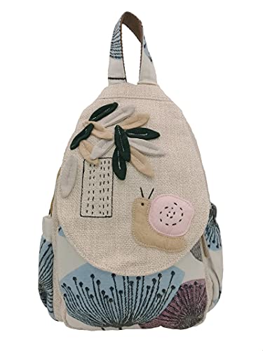 HUANGGUOSHU Women Cotton Woven Hippie Hemp Boho Canvas Embroidery Multi Pocket Retro Cute Backpack Wallet Backpack（Snails）