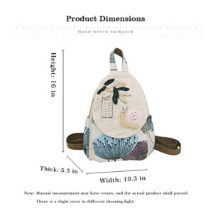 HUANGGUOSHU Women Cotton Woven Hippie Hemp Boho Canvas Embroidery Multi Pocket Retro Cute Backpack Wallet Backpack（Snails）