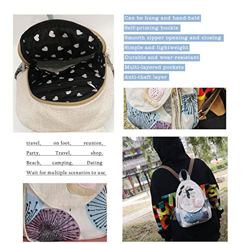 HUANGGUOSHU Women Cotton Woven Hippie Hemp Boho Canvas Embroidery Multi Pocket Retro Cute Backpack Wallet Backpack（Snails）