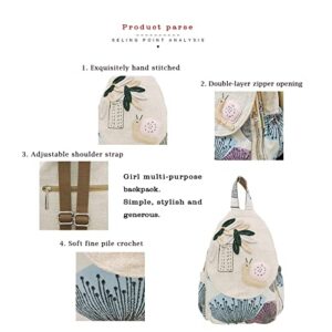 HUANGGUOSHU Women Cotton Woven Hippie Hemp Boho Canvas Embroidery Multi Pocket Retro Cute Backpack Wallet Backpack（Snails）