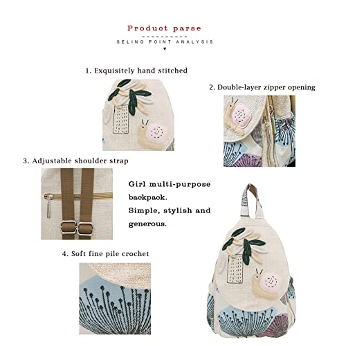 HUANGGUOSHU Women Cotton Woven Hippie Hemp Boho Canvas Embroidery Multi Pocket Retro Cute Backpack Wallet Backpack（Snails）