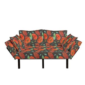 lunarable floral futon couch, drawing poppy flower wooden background repeating pattern, daybed with metal frame upholstered sofa for living dorm, loveseat, vermilion pale eggplant