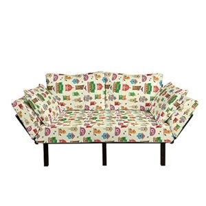 ambesonne birdhouse futon couch, human made bird nest wooden houses of various types colorful illustraiton, daybed with metal frame upholstered sofa for living dorm, loveseat, cream multicolor