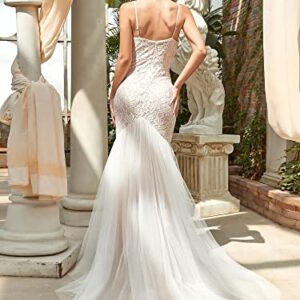 Ever-Pretty Womens Open Back Lace Floor Length Bridal Dress with Long Lace Trian White US6