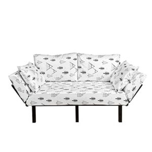 ambesonne landscape futon couch, hand drawn like simplified mountains fir trees and wooden houses, daybed with metal frame upholstered sofa for living dorm, loveseat, white and charcoal grey