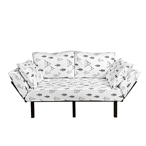 Ambesonne Landscape Futon Couch, Hand Drawn Like Simplified Mountains Fir Trees and Wooden Houses, Daybed with Metal Frame Upholstered Sofa for Living Dorm, Loveseat, White and Charcoal Grey