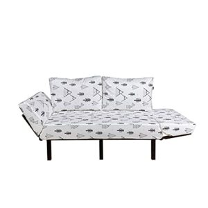 Ambesonne Landscape Futon Couch, Hand Drawn Like Simplified Mountains Fir Trees and Wooden Houses, Daybed with Metal Frame Upholstered Sofa for Living Dorm, Loveseat, White and Charcoal Grey