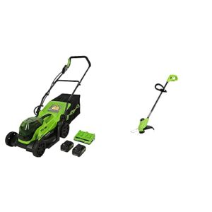 greenworks 48v 14" brushless cordless electric lawn mower, string trimmer, (2) 4.0ah batteries and rapid charger